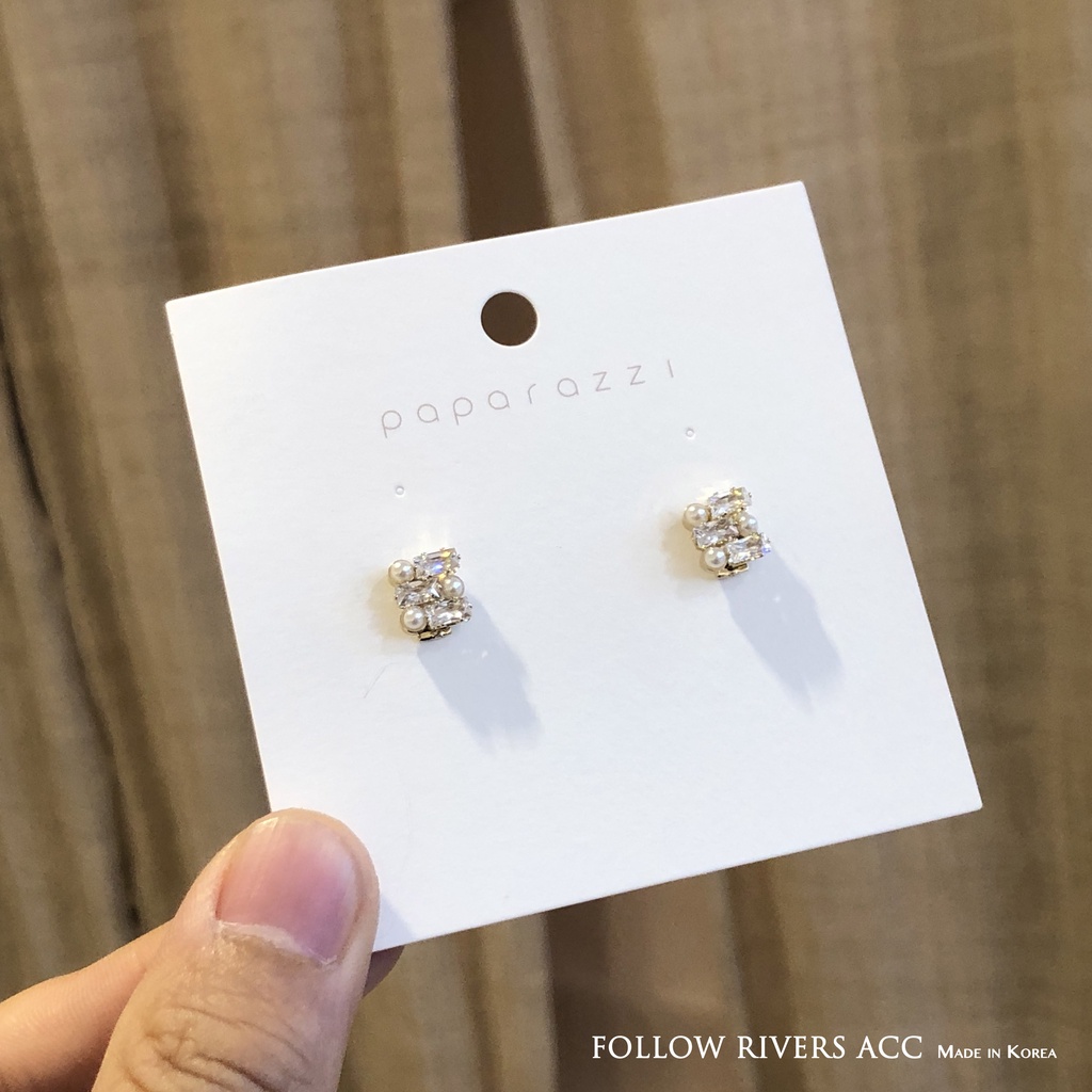 Hàn Quốc Dongdaemun I Khuyên Tai Đính Ngọc Trai Hình Vuông Nhỏ Tinh Tế Lấp Lánh