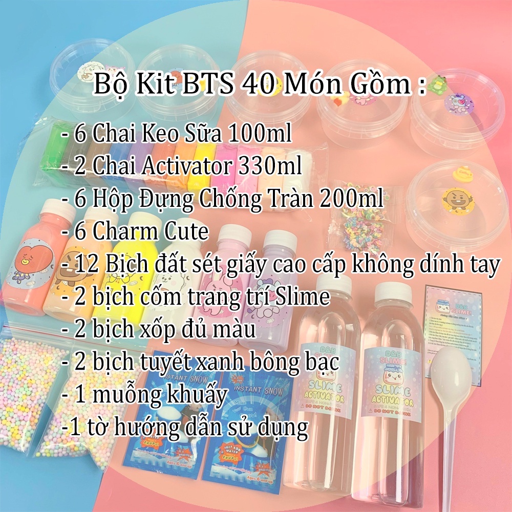 Bộ Kit Làm Slime BTS 40 Món Cao Cấp - Nguyên Liệu đầy đủ làm Slime Bơ,Slime Mây,Slime Basic