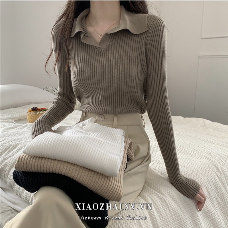 Áo kiểu XIAOZHAINV dệt kim tay dài cổ polo 4 màu sắc tùy chọn thời trang dành cho nữ