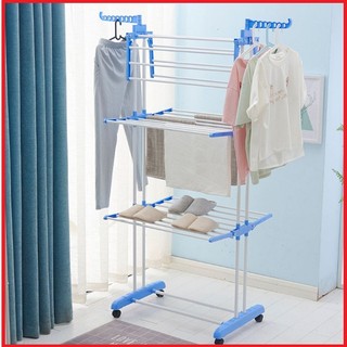 Giàn phơi quần áo thông minh, gấp gọn kiểu dáng giá phơi đồ có bánh xe tặng 2 móc treo cố định - Giá phơi đồ 3 tầng xịn