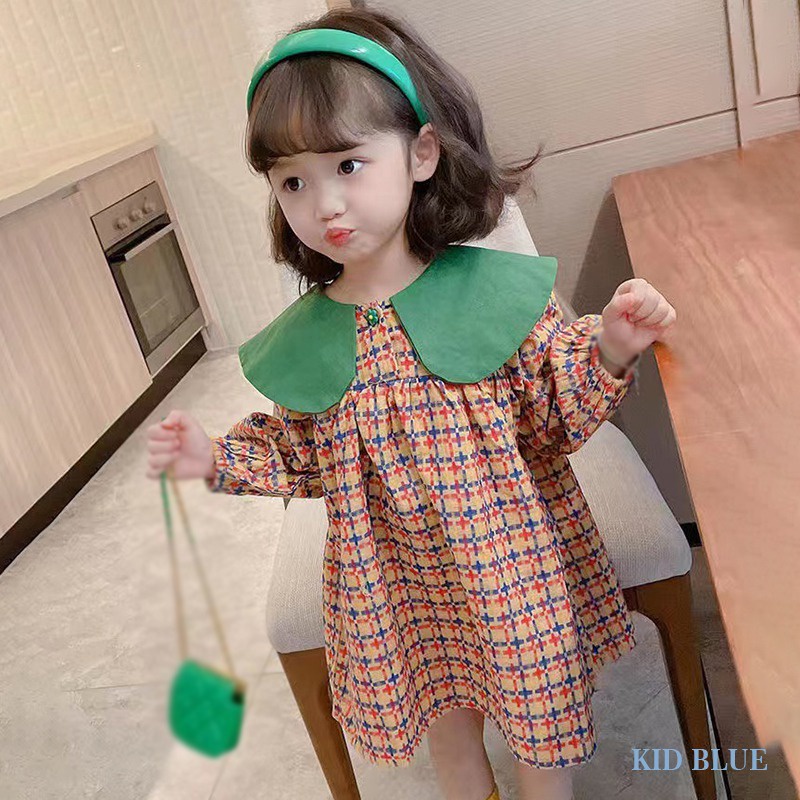 Đầm Công Chúa Dáng Suông Tay Phồng Kẻ Sọc Caro Nhiều Màu Cổ Điển Thời Trang Xuân Thu Phong Cách Hàn Quốc Cho Bé Gái