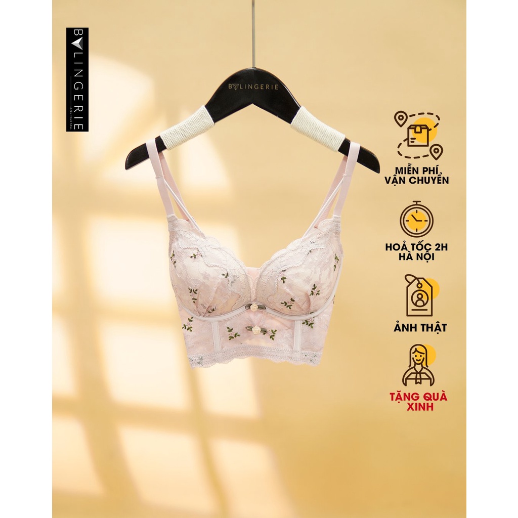 Bộ đồ lót ren nữ BY LINGERIE màu hồng và trắng kem không gọng mút dày B327