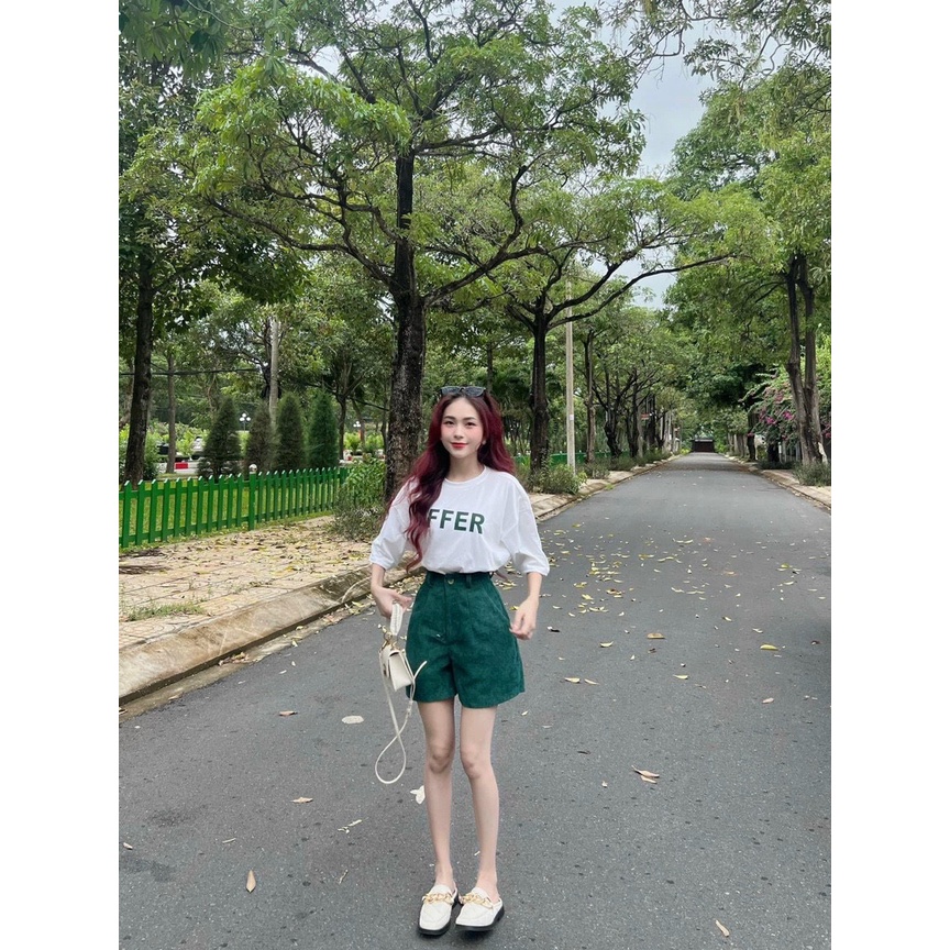 Sét bộ thời trang nữ mặc đi chơi áo cotton tay ngắn cổ tròn in chữ mix quần đùi chất tăm nhung cao cấp