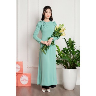 Áo dài lụa mỹ màu xanh mint cổ tròn đính nơ chéo vai by Quỳnh Hương