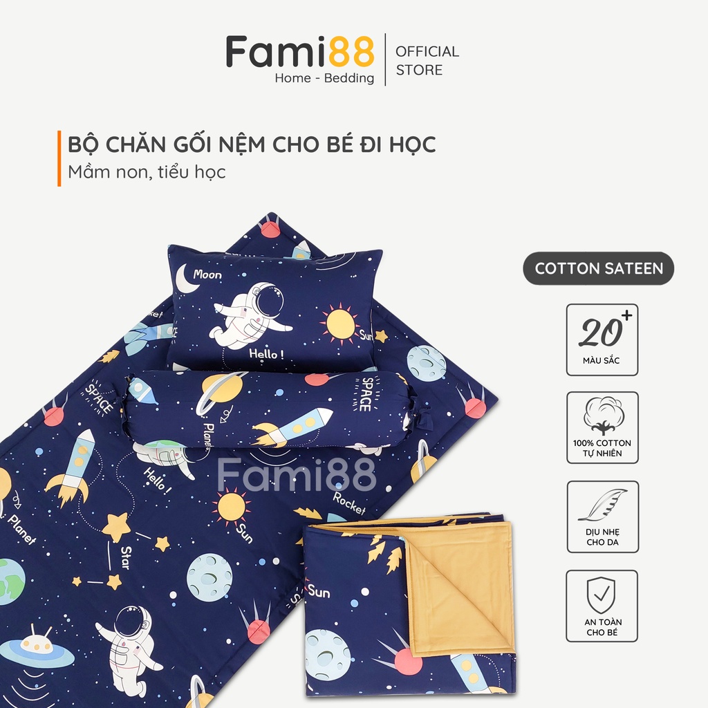 Bộ nệm chăn gối cho bé đi học Phi Hành Gia Vũ Trụ Fami88 Bedding, mền cho bé trai 2 3 4 5 6 7 8 tuổi 100% sợi tự nhiên.