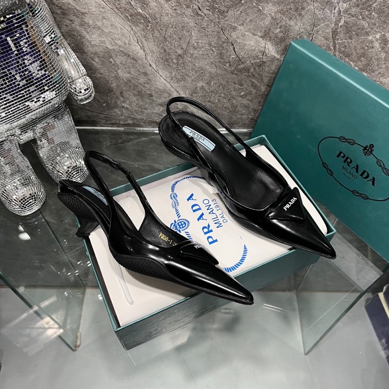 Sandal Prada Bóng Mũi Nhọn Gót Nhú Trắng Đen Full Size 35-39  -  By Anh Dinh Phuong