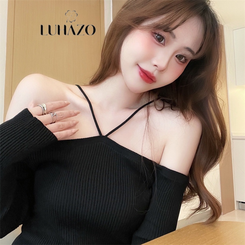 Áo len nữ trễ vai tay dài sexy LUHAZO cổ yếm gân đẹp dệt kim kiểu form rộng dáng Quảng Châu Hàn Quốc