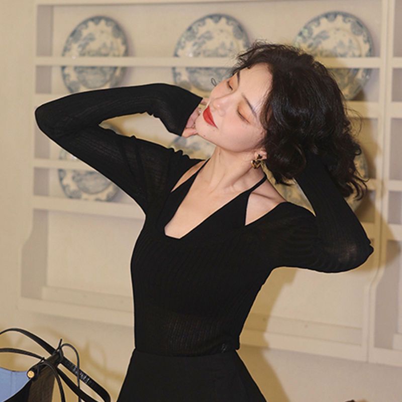 Áo Dệt Kim Cổ Chữ V Màu Trơn Phong Cách Retro Dành Cho Nữ