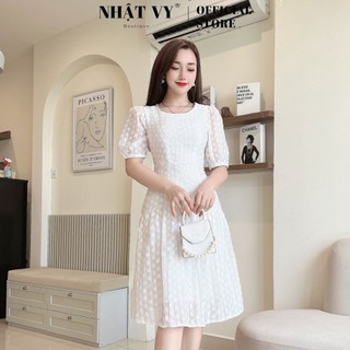 Đầm dự tiệc Nhật Vy cổ tròn tay phồng chiết eo đuôi cá chất tơ thêu Váy dáng xoè phù hợp đi chơi , dạo phối- D2483
