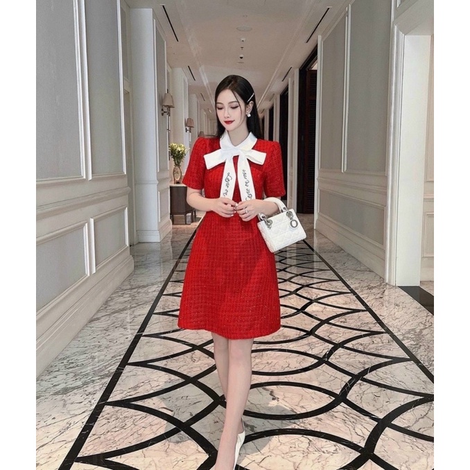 🎀 HẾT 🎀 ĐẦM DẠ ĐỎ DÂY NƠ THÊU CHỮ SANG CHẢNH