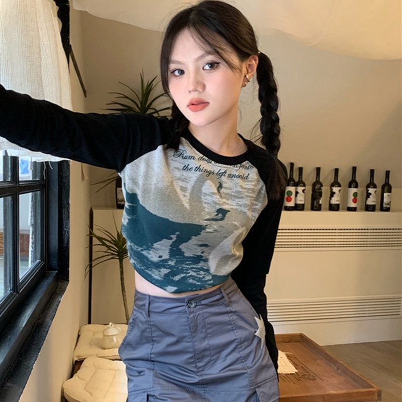 IELGY  Áo Thun Tay Dài Cổ Tròn In Họa Tiết Màu Sắc Tương Phản Phong Cách retro Dành Cho Nữ