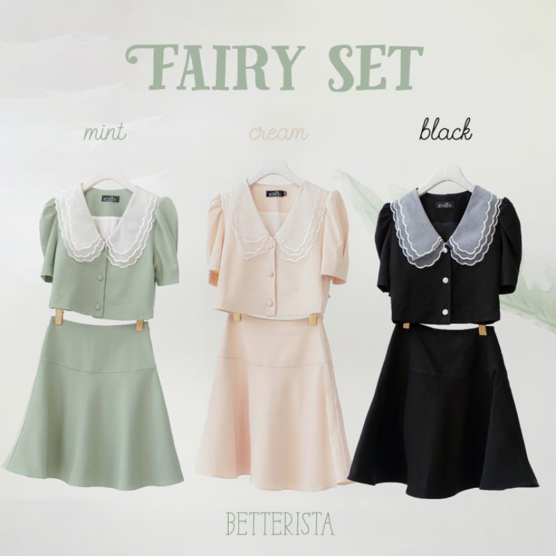 Set áo và chân váy xoè Fairy Betterista 3 màu đen, kem,xanh mint