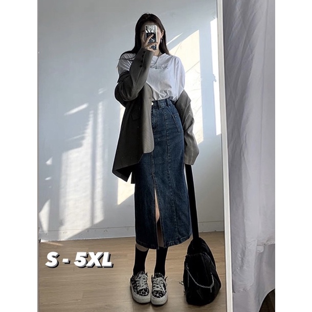 (Có sẳn Bigsize)Chân Váy Jean Xẻ Tà Denim Mềm Hack Dáng Đen Xanh
