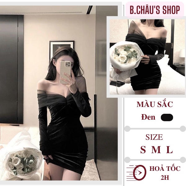 Đầm nhung nữ mỏng phối voan sang chảnh sexy | Váy dài tay dáng ngắn ôm body tiệc tùng