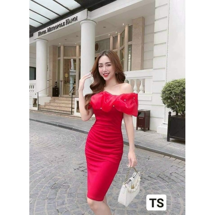 (Miễn Phí Ship) Đầm body thiết kế dự tiệc,đầm trễ vai đính ngọc xếp li tinh tế tôn dáng,chất umi cao cấp có mút