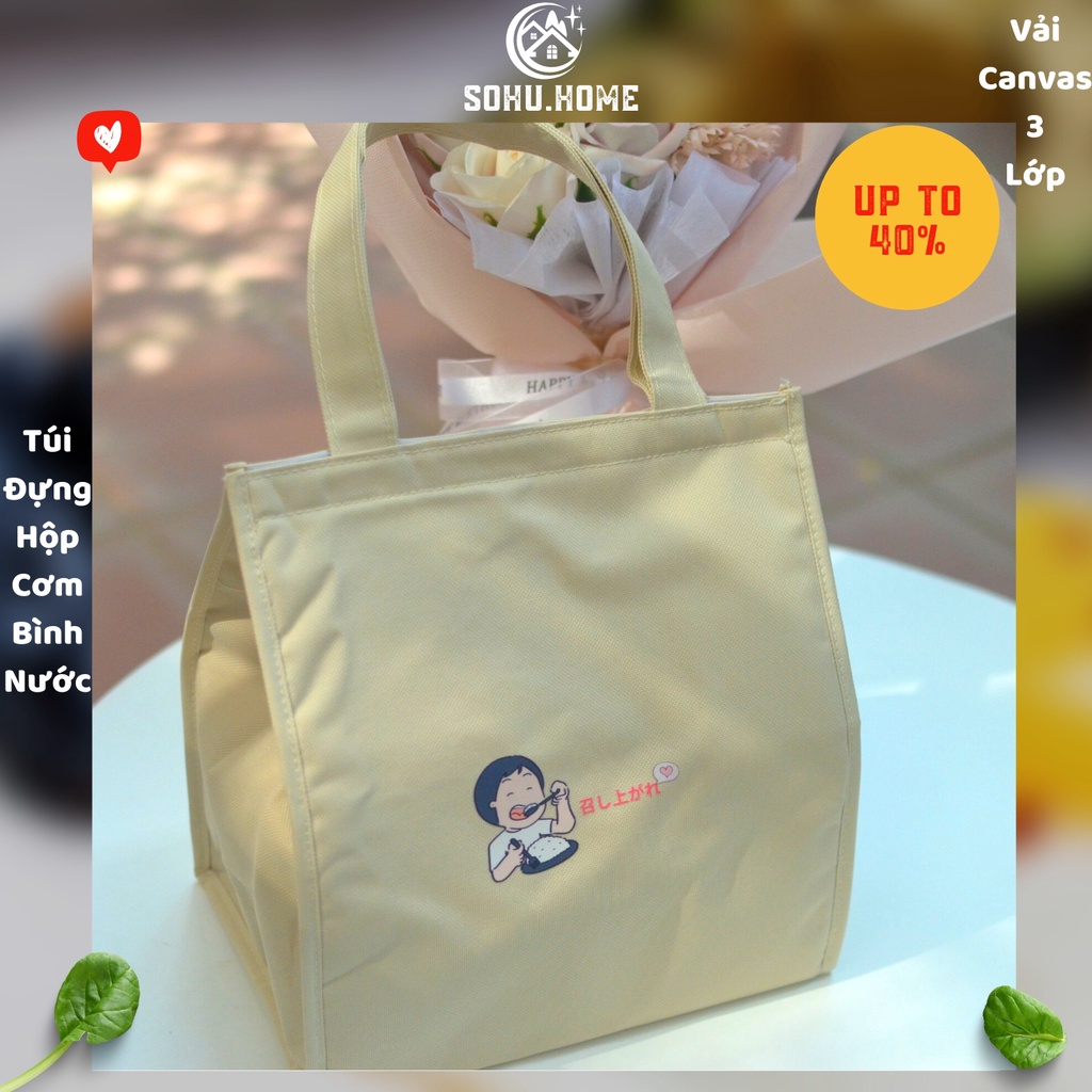 Túi Vải Sohu Đựng Hộp Cơm Bình Nước Hoa Quả Có Bảo Hành 3 Lớp Giữ Nhiệt Vải Canvas In Sticker Xinh Xắn