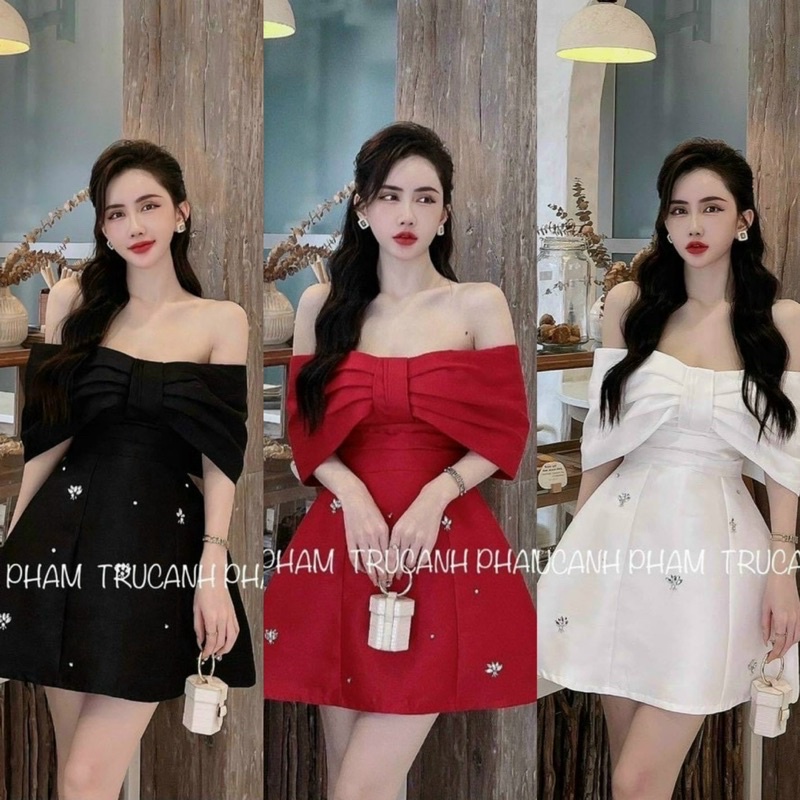 Đầm Chất Cotton Thái Bệt Vai Nơ Xếp Dáng Xoè Đính Đá