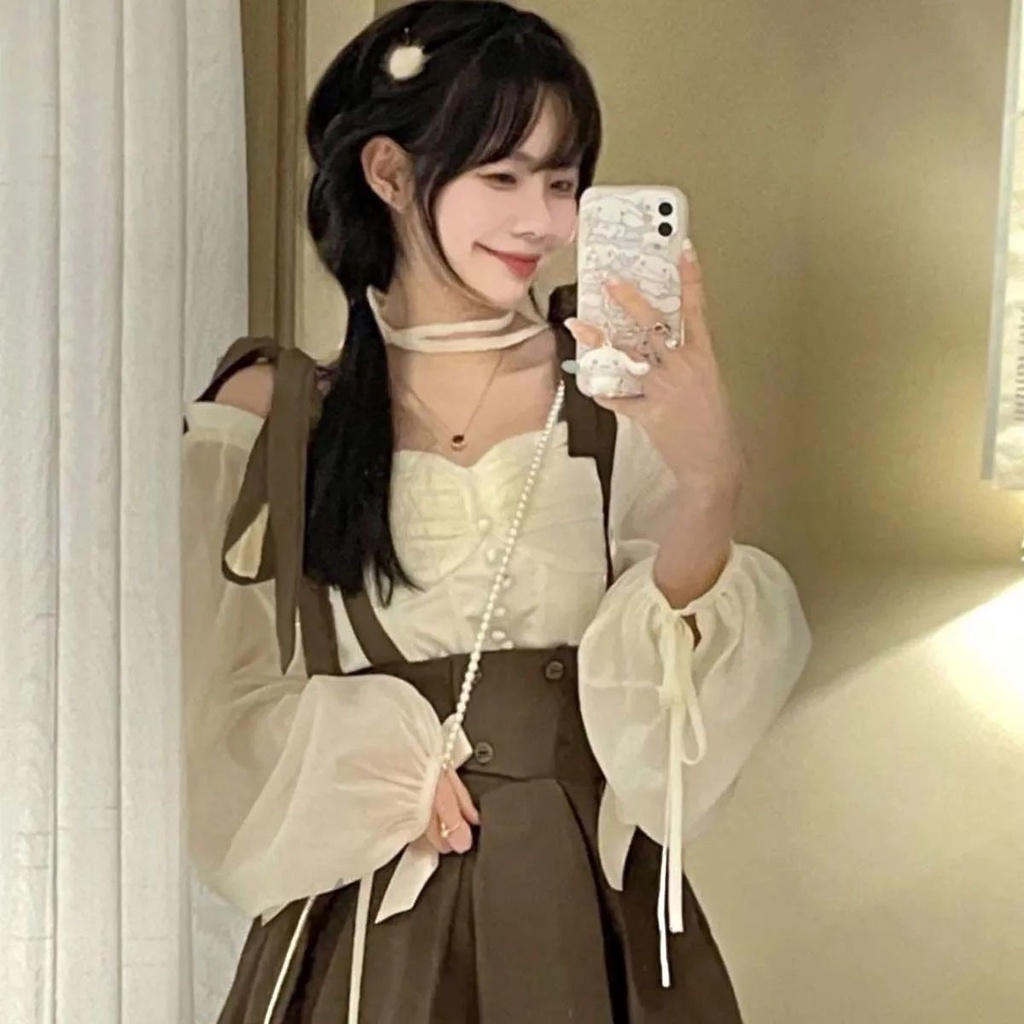 Set Áo Sơ Mi Tay Dài Phồng Thắt Nơ Cổ + Chân Váy Ngắn Thời Trang Dành Cho Nữ