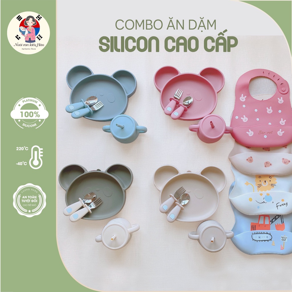 Khay ăn dặm hình gấu có đế hít-Combo đồ dùng ăn dặm: khay, set thìa dĩa inox, cốc 3in1, yếm máng silicon cho bé