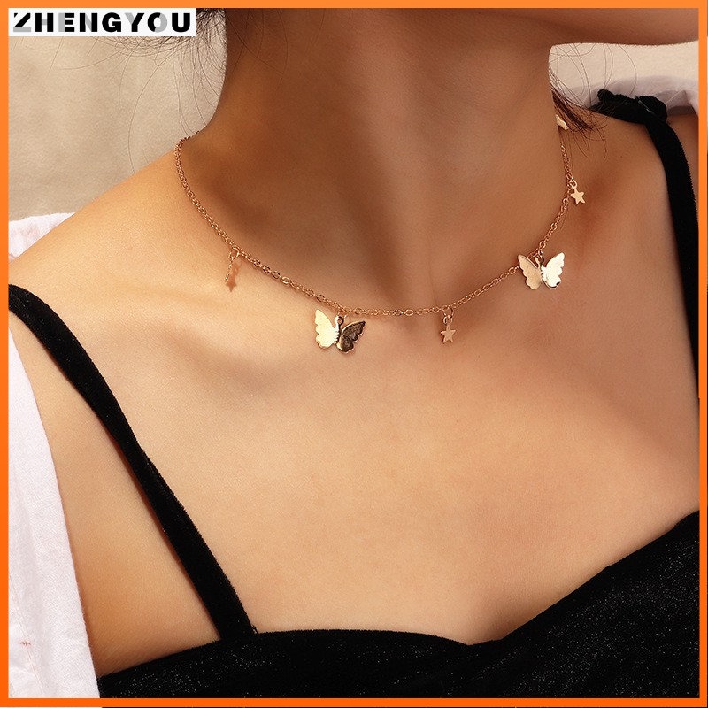 Dây chuyền hợp kim RINHOO mặt hình ngôi sao và bươm bướm đính đá xinh xắn cho nữ