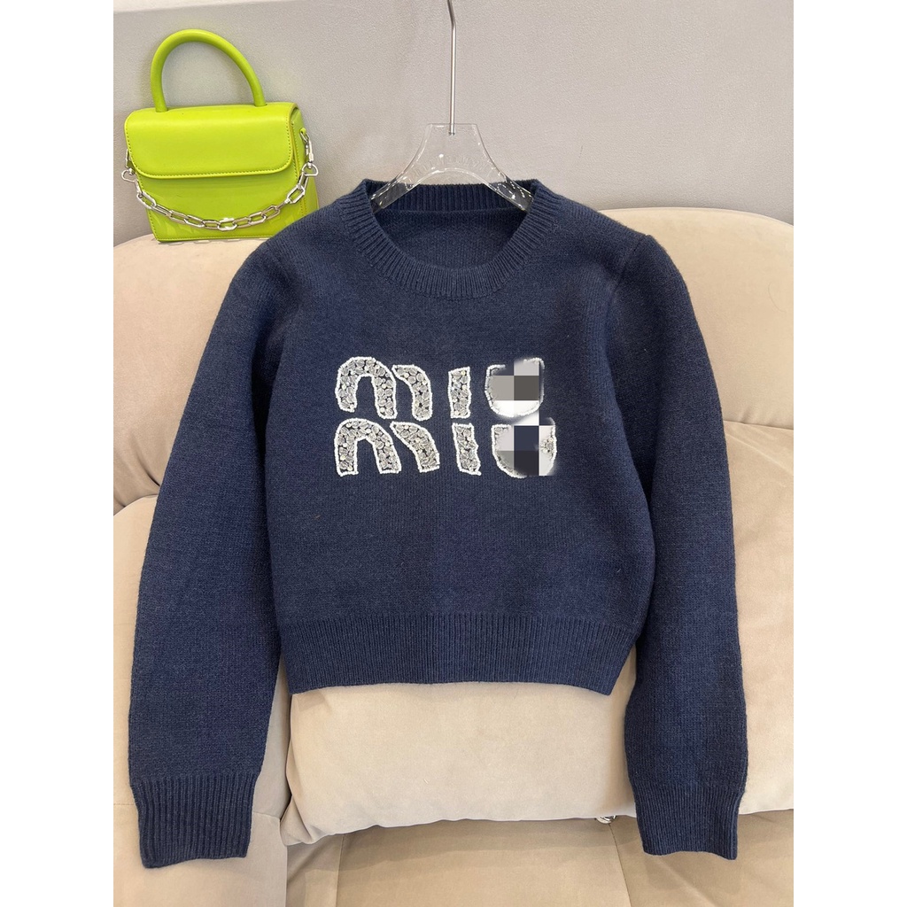 MiuMiu 22 autumn and winter letter diamond-encrusted handmade knitted short pullover sweater for women