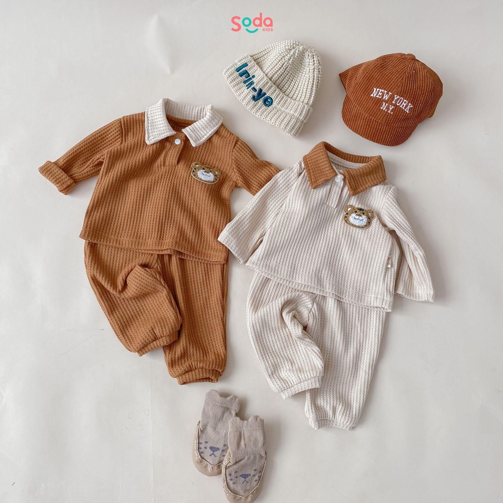 Set quần áo waffle con hổ cho bé SODA KIDS thiết kế cổ sơ mi năng động phong cách Hàn Quốc, chất liệu thun tổ ong mềm