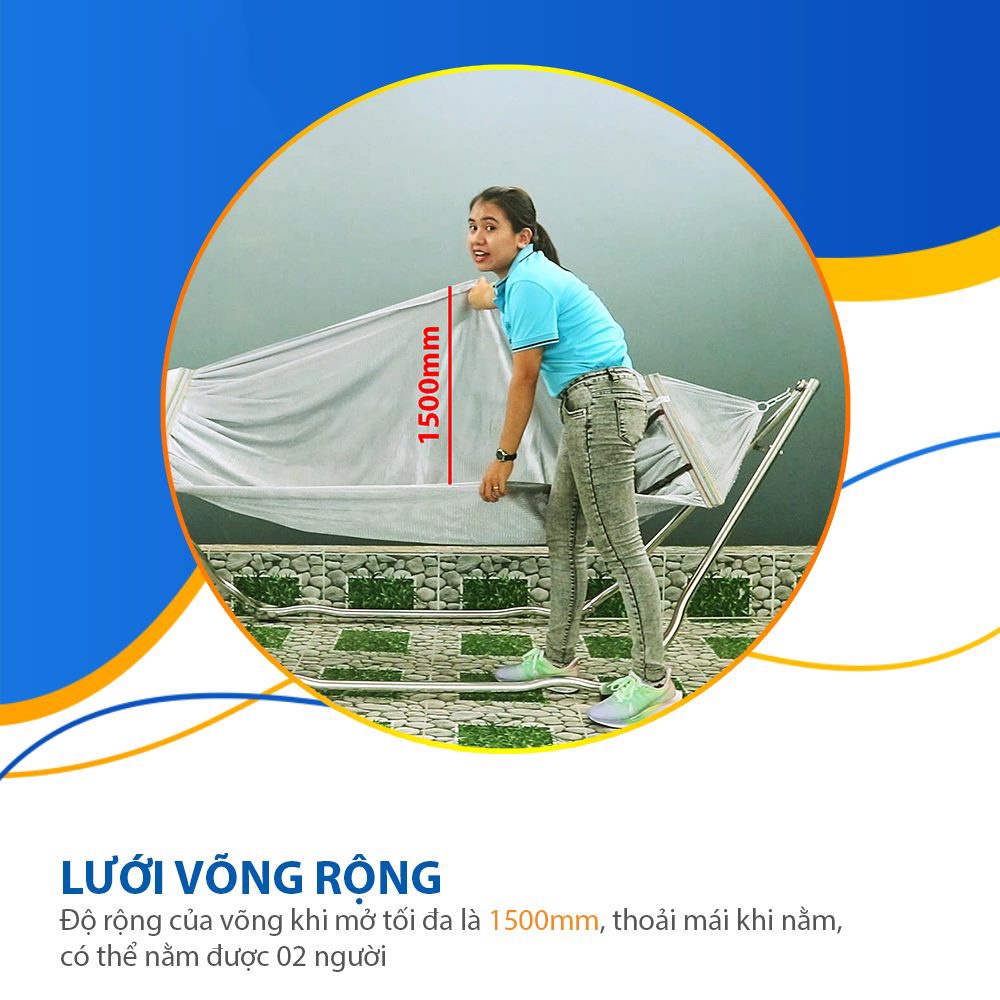 Võng xếp inox cao cấp Deli Lani Qui Phúc chịu tải 200Kg, giá võng inox có lưới tặng kèm gối nằm