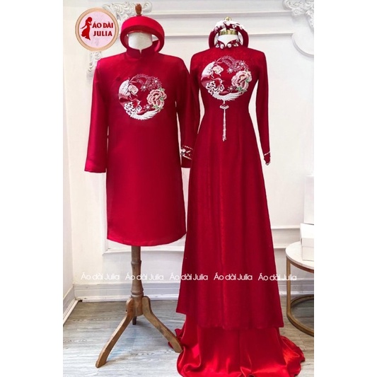 ÁO DÀI CÔ DÂU ĐỎ KẾT HOA PHỤNG CAO CẤP