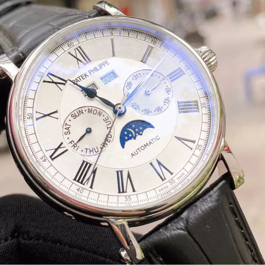 Đồng hồ Patek Nam 5 Kim máy nhật, mặt trắng viền vàng, dòng cơ Automatic size 42mm + Thẻ bảo hành