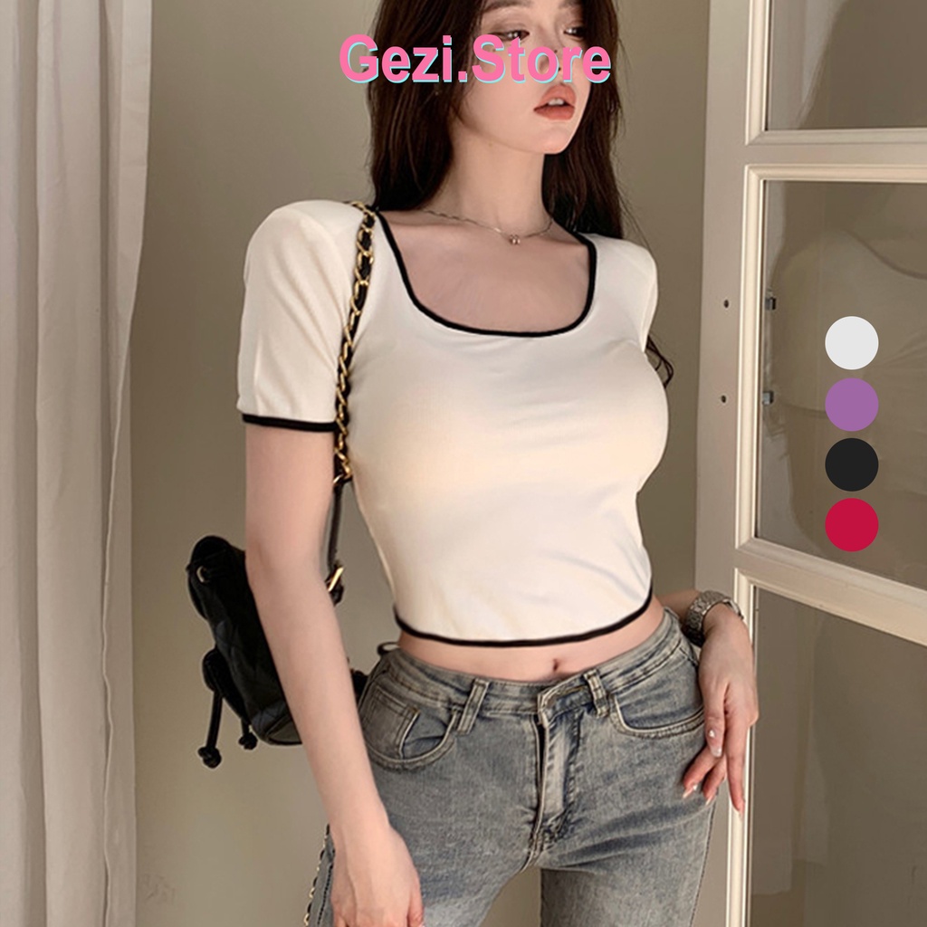 Áo Croptop Nữ Madela Tay Ngắn Cổ Viền Ôm Body, Croptop Nữ Cổ Vuông Ngắn Tay