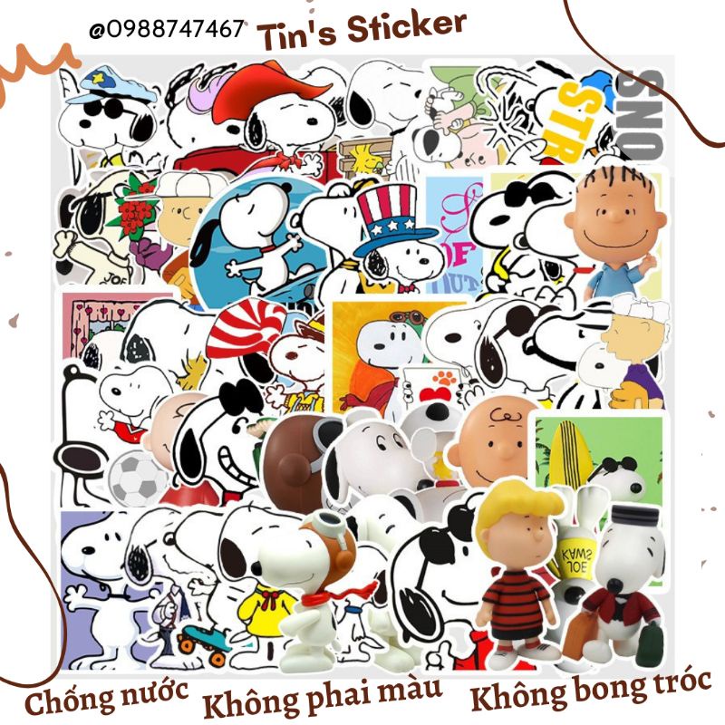 Set combo 50 miếng dán sticker chú chó Snoopy chống thấm nước dán nón mũ bảo hiểm laptop vali sổ sách xe máy đàn guitar