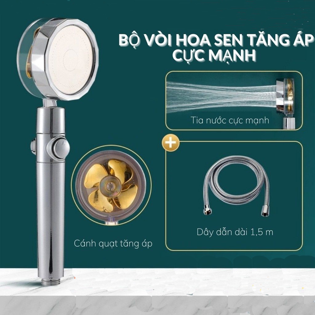 (Mẫu Mới 2022) Vòi Sen Tăng Áp , Vòi Hoa Sen Có Cánh Quạt Xoay 360 Độ Có Nút Bật Tắt Tiết Kiệm Nước - TuHaiStore