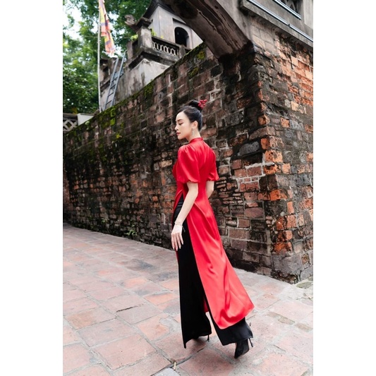Áo dài tay ngắn TRIPBLE T DRESS đỏ phối quần đen kết nút bọc - size M/L/XL/2XL - MS06ML