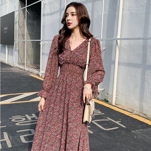 Đầm Hoa Nhí Cổ V Hoa Tay Bo Chun Dáng Dài Thời Trang Thanh Lịch Đáng Yêu