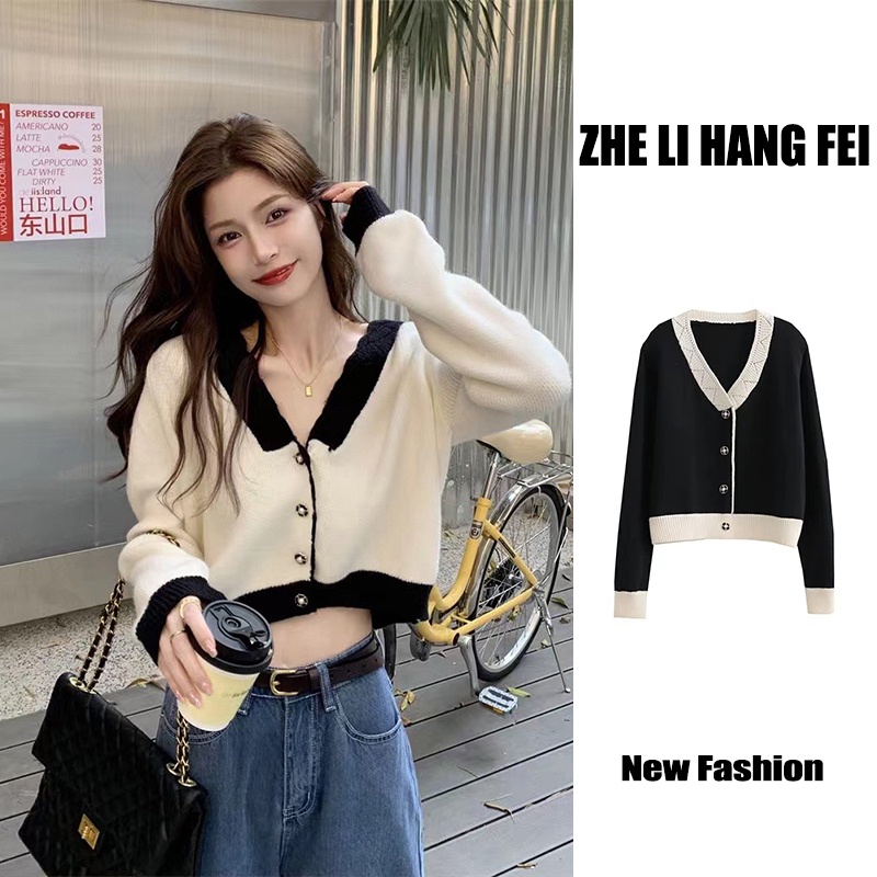 Áo cardigan ZHELIHANGFEI dệt kim tay dài cổ bẻ lưng cao thiết kế thanh lịch dành cho nữ