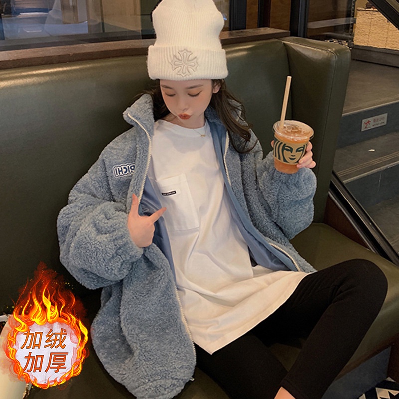 Áo Khoác Cardigan Len Lông Cừu Dày Dặn Dáng Rộng Cổ Đứng Kiểu Hàn Quốc Thời Trang Mùa Đông Ấm Áp Cho Nữ