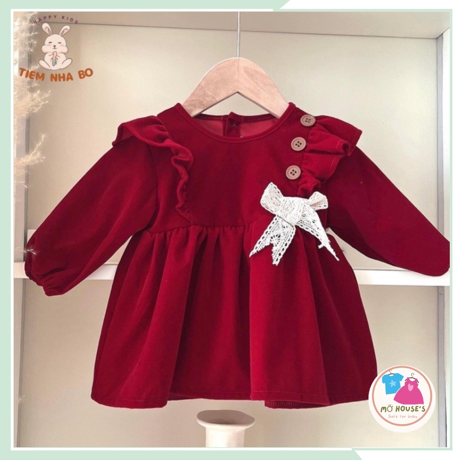 Váy thiết kế tay bồng, váy nhung đỏ đính nơ xinh xắn cho bé gái đi học, đi chơi từ 8kg đến 24kg VBG10