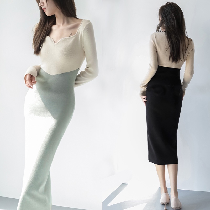 Đầm Dệt Kim Cổ Chữ V Màu Sắc Tương Phản Phong Cách Pháp Thời Trang Cho Nữ