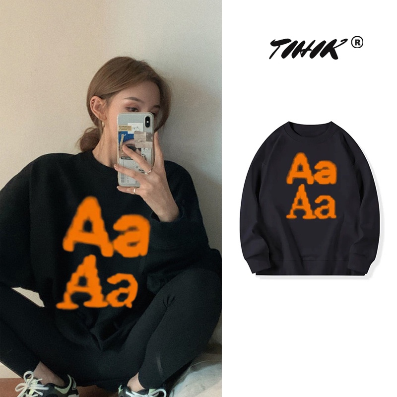 Tihik Áo sweater mỏng tay dài cổ tròn dáng rộng in chữ thời trang Hàn Quốc dành cho cặp đôi