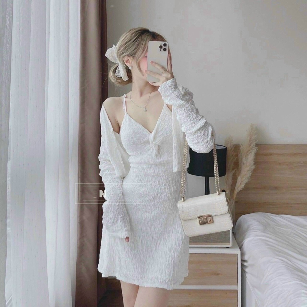 Váy nữ dự tiệc sang trọng đầm xốp xoắn ngực ( có mút ) kèm áo khoác sành điệu xinh xắn