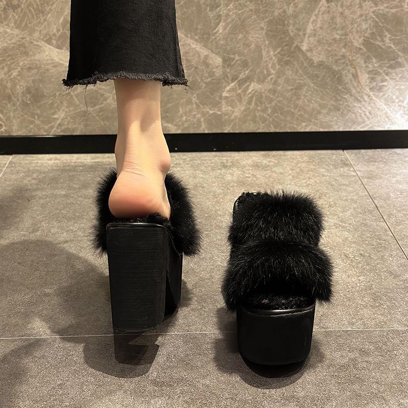 Dép Bông Đi Trong Nhà Bằng Cotton Phối Lông Thỏ Nhân Tạo Hai Quai Ngang Phong Cách Hàn Quốc Dành Cho Nữ