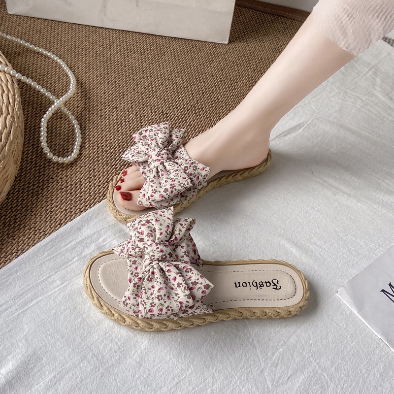 Dép Sandal Đế Bằng Đính Nơ Thời Trang Đi Biển Mùa Hè Cho Nữ