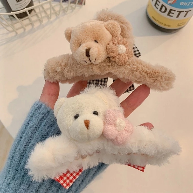 Kẹp Tóc Càng Cua Lớn Hình Gấu / Thỏ / Cá Mập Bằng Lông Nhung Đính Nơ Hoạt Hình Kiểu Hàn Quốc