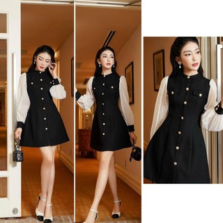 [ Ảnh thật + video] Váy dạ tweed đen phối tay tơ