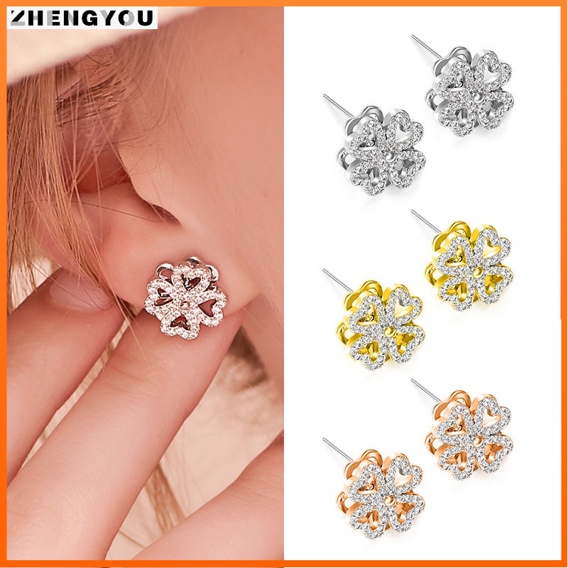 Khuyên tai RINHOO bạc 925 hình cỏ bốn lá thời trang cao cấp