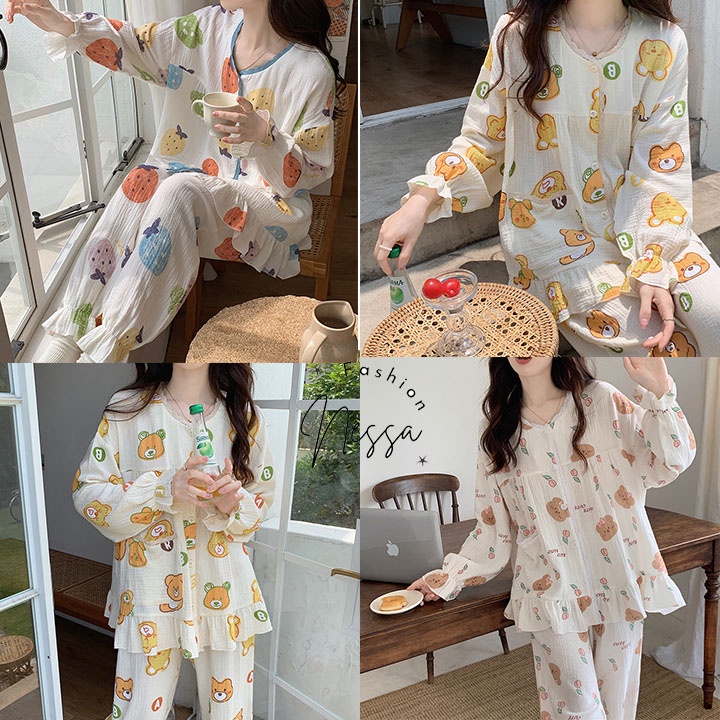 Bộ Đồ Ngủ Quần Áo Nữ Mặc Ở Nhà Dài Tay Vải Cotton Giãn Áo Có Túi Mùa Xuân Hè Thu Đông Đi Chơi Kute Gấu Bông BĐN136