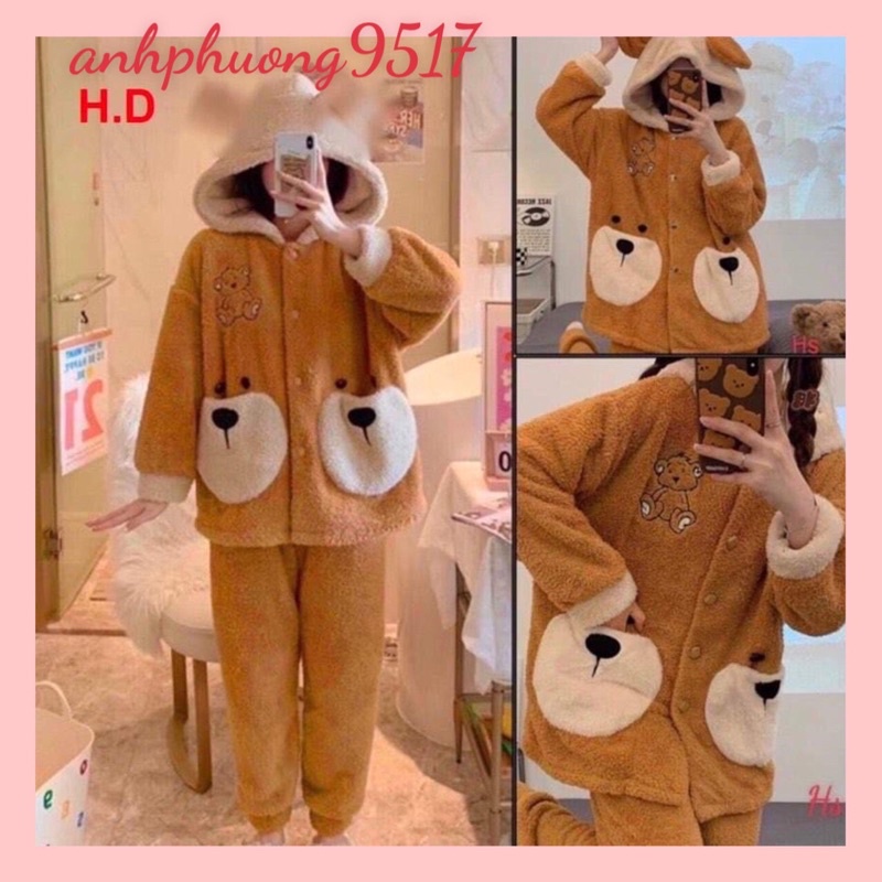 Bộ đồ ngủ nữ Gấu Thêu Tim bộ mặc nhà, pijama, quần áo ngủ dài tay thu đông xuân nhung bông, nỉ lông dễ thương, ấm áp