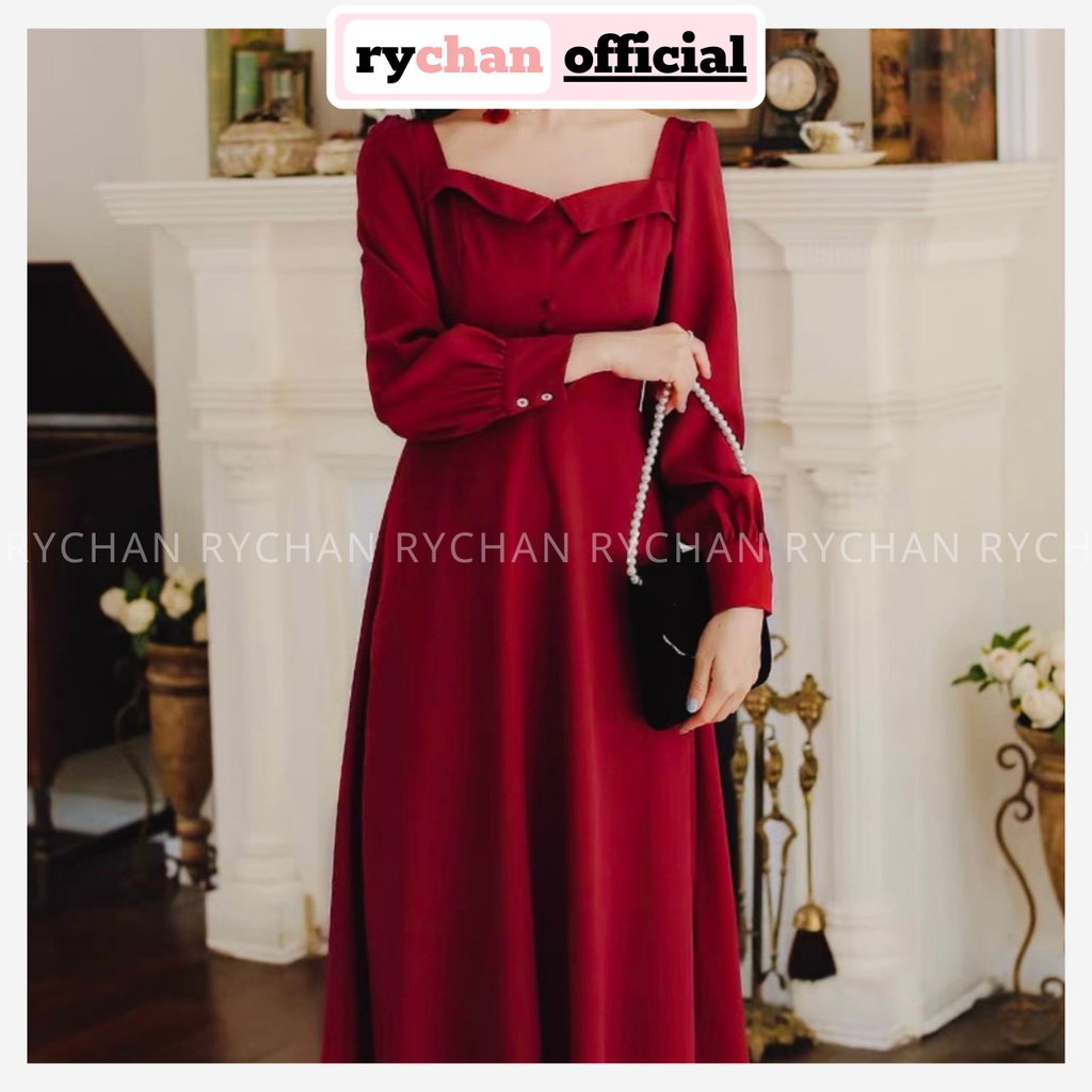 [ẢNH THẬT CUỐI] Đầm Đi Chơi Dáng Dài Xòe Basic Phối Nút Xinh Xắn, Đầm Cổ Vuông Tay Dài Sành Điệu Màu Đen Màu Đỏ-DX105