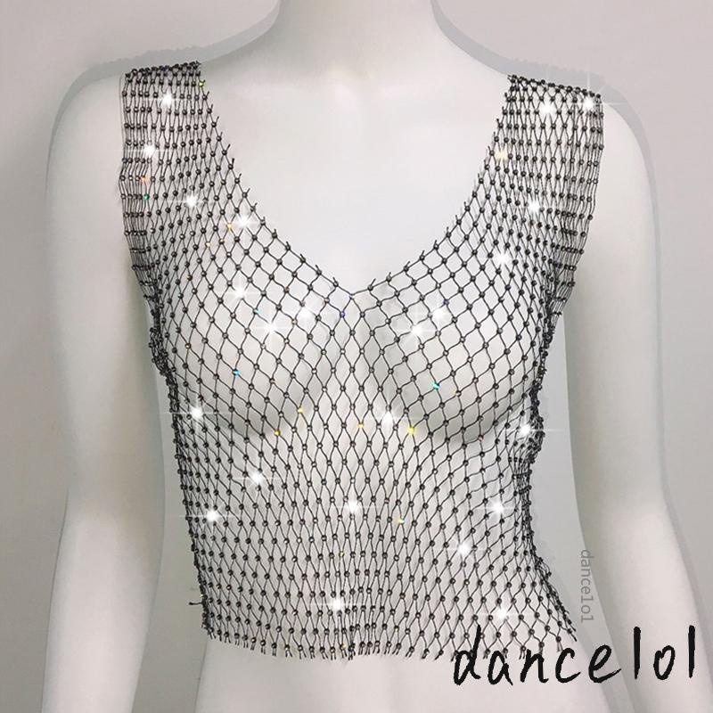 Lưới Ba Lỗ Đính Đá Sáng Bóng Cổ Tròn / Cổ Chữ V Không Tay Co Giãn Dành Cho Bạn Nữ