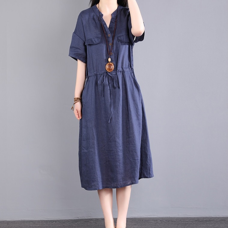 Đầm linen dáng suông Đũi Việt, thiết kế cổ V túi đắp, phong cách Hàn Quốc thanh lịch Dv163